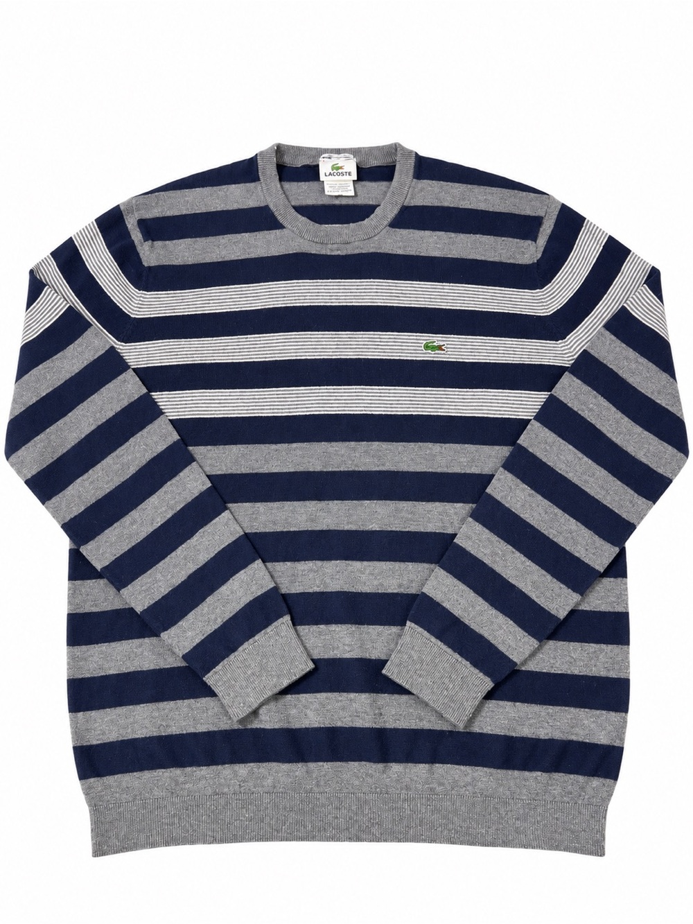 Lacoste Men's Striped Crewneck Sweater in Navy and Gray cotton cashmere blend